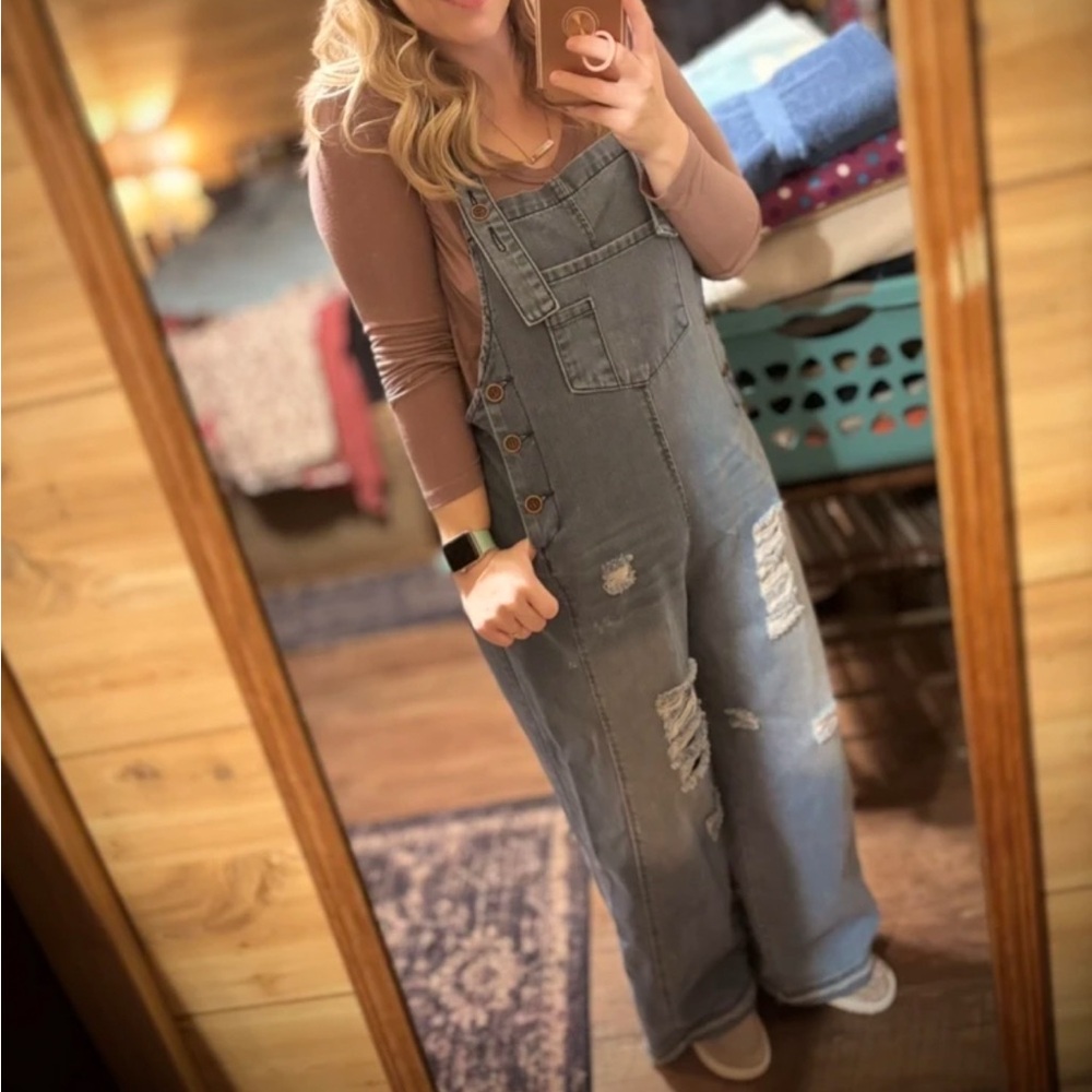 Dark Blue Distressed Wide Leg Adjustable Strap Denim Jean Overalls - Picture 9 of 9